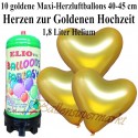 Maxi-Herzluftballons zur Goldhochzeit, gold metallic, Luftballons Mini-Set, 10 große Herzballons, mit Helium-Einwegbehälter
