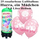 Luftballons Hurra, ein Mädchen, rosa, Luftballons Mini-Set, 25 Ballons zu Geburt, Taufe, Babyparty, mit Helium-Einwegbehälter