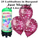 Just Married, burgund, metallic, Luftballons Mini-Set, 25 Ballons, mit Helium-Einwegbehälter