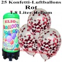 Konfetti-Luftballons, Rot, Luftballons Mini-Set, 25 transparente Ballons, mit Helium-Einwegbehälter