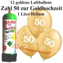 Goldene Hochzeit, Zahl 50, metallic, Luftballons Super-Mini-Set, 12 goldene Ballons, mit Helium-Einwegbehälter