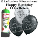 Luftballons zum Geburtstag, Silber/ Schwarz, Luftballons Super-Mini-Set, 12 Happy Birthday Ballons, mit Helium-Einwegbehälter