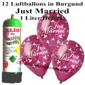 Just Married, burgund, metallic, Luftballons Super-Mini-Set, 12 Ballons, mit Helium-Einwegbehälter
