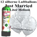 Just Married, silber, metallic, Luftballons Super-Mini-Set, 12 Ballons, mit Helium-Einwegbehälter
