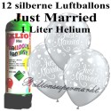 Just Married, silber, metallic, Luftballons Super-Mini-Set, 12 Ballons, mit Helium-Einwegbehälter