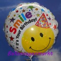 Geburtstags-Luftballon Smile It's Your Birthday , Smiley mit Hut, holografisch, inklusive Helium