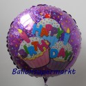 Geburtstags-Luftballon Happy Birthday mit Cupcakes, Holographic, inklusive Helium
