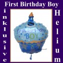 First Birthday Boy, Cupcake Luftballon aus Folie mit Helium zum 1. Geburtstag