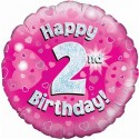 Luftballon aus Folie, Happy 2nd Birthday Pink  zum 2. Geburtstag