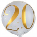 Luftballon aus Folie, 20. Geburtstag, Zahl 20,Weiß-Gold, ohne Helium