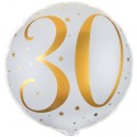 Luftballon aus Folie zum 30.Geburtstag, Zahl 30, Weiß-Gold, ohne Helium