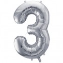Zahl 3 Luftballon aus Folie, Silber, 86 cm