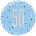 Luftballon aus Folie, Blue & Silver Glitz Birthday 50, holografisch zum 50. Geburtstag, mit Helium
