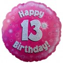 Luftballon aus Folie, Happy 13th Birthday Pink  zum 13. Geburtstag