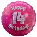 Luftballon aus Folie, Happy 14th Birthday Pink  zum 14. Geburtstag