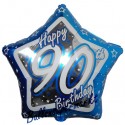 Luftballon aus Folie, Happy Birthday Blue Star 90, zum 90. Geburtstag, mit Helium