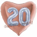 Herzluftballon Jumbo 3D, holografisch Silber und Rosegold  zum 20. Geburtstag, Jumbo-Folienballon mit Ballongas