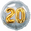 Jumbo 3D Luftballon, Gold und Silber  zum 20. Geburtstag, Jumbo-Folienballon mit Ballongas