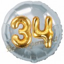 Jumbo 3D Luftballon, Gold und Silber  zum 34. Geburtstag, Jumbo-Folienballon mit Ballongas