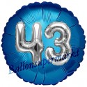 Jumbo 3D Luftballon, Silber und Blau  zum 43. Geburtstag, Jumbo-Folienballon mit Ballongas