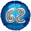 Jumbo 3D Luftballon, Silber und Blau  zum 62. Geburtstag, Jumbo-Folienballon mit Ballongas
