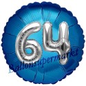 Jumbo 3D Luftballon, Silber und Blau  zum 64. Geburtstag, Jumbo-Folienballon mit Ballongas