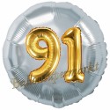 Jumbo 3D Luftballon, Gold und Silber  zum 91. Geburtstag, Jumbo-Folienballon mit Ballongas