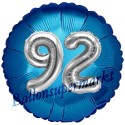 Jumbo 3D Luftballon, Silber und Blau  zum 92. Geburtstag, Jumbo-Folienballon mit Ballongas