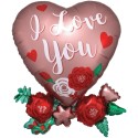 Satin Heart with Flowers, I Love You, großer Luftballon, mit Helium-Ballongas