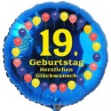 Luftballon aus Folie, 19. Geburtstag, Herzlichen Glückwunsch Ballons, blau, ohne Helium