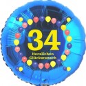 Luftballon aus Folie, 34. Geburtstag, Herzlichen Glückwunsch Ballons, blau, ohne Helium