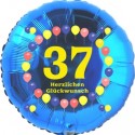 Luftballon aus Folie, 37. Geburtstag, Herzlichen Glückwunsch Ballons, blau, ohne Helium