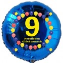 Luftballon aus Folie, 9. Geburtstag, Herzlichen Glückwunsch Ballons, blau, ohne Helium