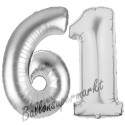 Luftballons aus Folie Zahl 61, Silber, 100 cm mit Helium zum 61. Geburtstag