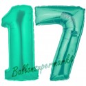 Luftballons aus Folie Zahl 17, Aquamarin, 100 cm mit Helium zum 17. Geburtstag