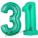 Luftballons aus Folie Zahl 31, Aquamarin, 100 cm mit Helium zum 31. Geburtstag