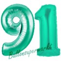 Luftballons aus Folie Zahl 91, Aquamarin, 100 cm mit Helium zum 91. Geburtstag