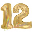 Luftballons aus Folie Zahl 12, Gold, holografisch, 100 cm mit Helium zum 12. Geburtstag