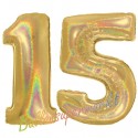 Luftballons aus Folie Zahl 15, Gold, holografisch, 100 cm mit Helium zum 15. Geburtstag