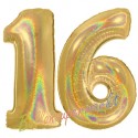 Luftballons aus Folie Zahl 16, Gold, holografisch, 100 cm mit Helium zum 16. Geburtstag