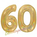 Luftballons aus Folie Zahl 60, Gold, holografisch, 100 cm mit Helium zum 60. Geburtstag