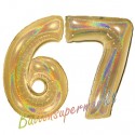 Luftballons aus Folie Zahl 67, Gold, holografisch, 100 cm mit Helium zum 67. Geburtstag