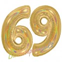 Luftballons aus Folie Zahl 69, Gold, holografisch, 100 cm mit Helium zum 69. Geburtstag