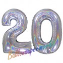 Luftballons aus Folie Zahl 20, Silber, holografisch, 100 cm mit Helium zum 20. Geburtstag