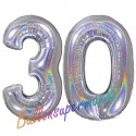 Luftballons aus Folie Zahl 30, Silber, holografisch, 100 cm mit Helium zum 30. Geburtstag