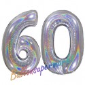 Luftballons aus Folie Zahl 60, Silber, holografisch, 100 cm mit Helium zum 60. Geburtstag