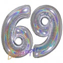 Luftballons aus Folie Zahl 69, Silber, holografisch, 100 cm mit Helium zum 69. Geburtstag