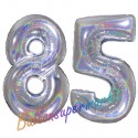 Luftballons aus Folie Zahl 85, Silber, holografisch, 100 cm mit Helium zum 85. Geburtstag