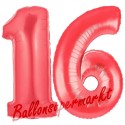 Luftballons aus Folie Zahl 16, Rot, 100 cm mit Helium zum 16. Geburtstag