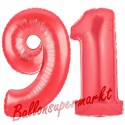 Luftballons aus Folie Zahl 91, Rot, 100 cm mit Helium zum 91. Geburtstag